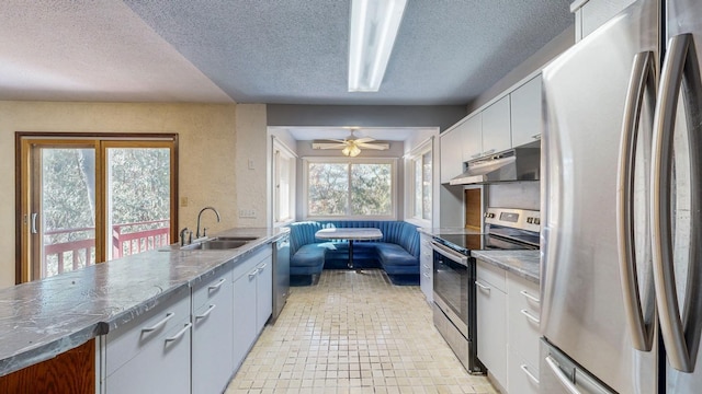 kitchen featuring a ceiling fan, under cabinet range hood, a sink, stainless steel appliances, and white cabinets