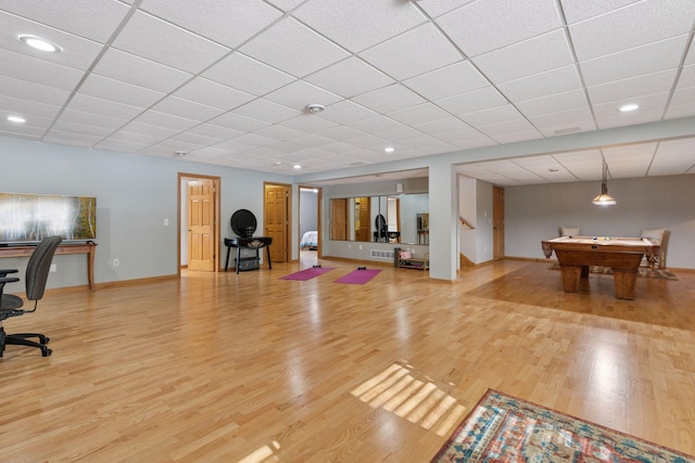 playroom featuring baseboards, recessed lighting, wood finished floors, a paneled ceiling, and billiards