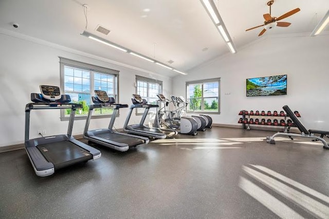 workout area with visible vents, high vaulted ceiling, crown molding, and baseboards