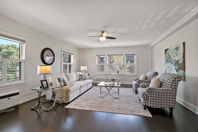 79 Western Ave N Unit 308, Saint Paul, MN 55102 - living room with a ceiling fan, baseboards, wood finished floors, and a wall unit AC