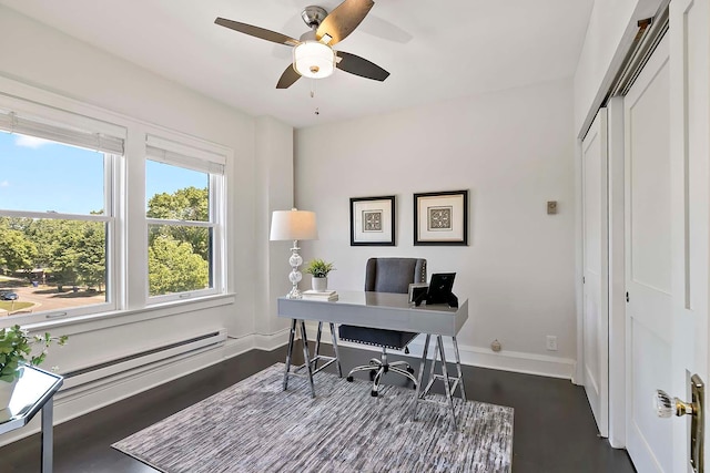 79 Western Ave N Unit 308, Saint Paul, MN 55102 - office area featuring a baseboard heating unit, ceiling fan, baseboards, and dark wood-style flooring