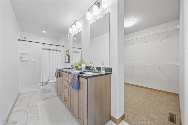 bathroom featuring toilet, marble finish floor, baseboards, a shower with curtain, and visible vents