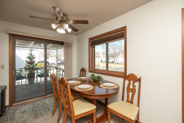 dining area featuring a textured ceiling, wood finished floors, and ceiling fan