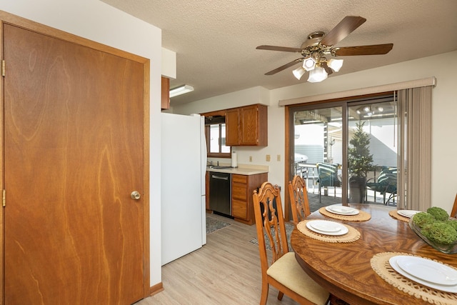 dining area with a ceiling fan, light wood-style floors, and a textured ceiling