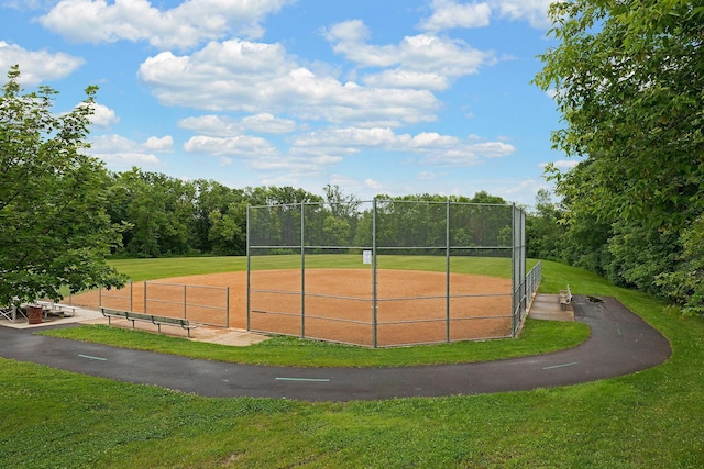 view of property's community featuring a yard and fence