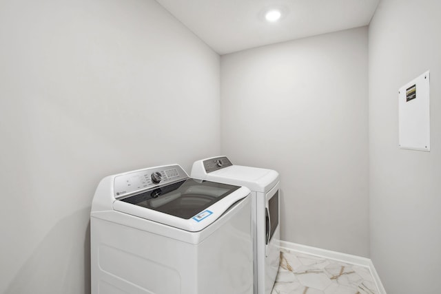 washroom with laundry area, baseboards, marble finish floor, separate washer and dryer, and recessed lighting
