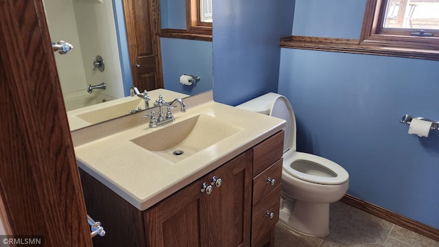 bathroom featuring tile patterned flooring, toilet, vanity, and baseboards