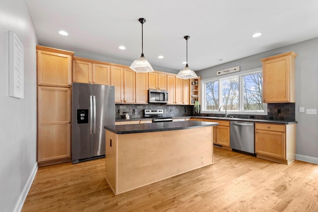 kitchen with open shelves, appliances with stainless steel finishes, a kitchen island, light brown cabinetry, and backsplash