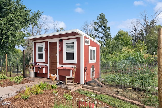 view of poultry coop with fence