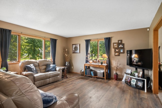 living room featuring baseboards, a textured ceiling, and wood finished floors