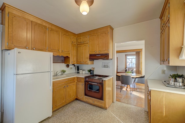 kitchen with under cabinet range hood, light countertops, freestanding refrigerator, electric range, and a sink