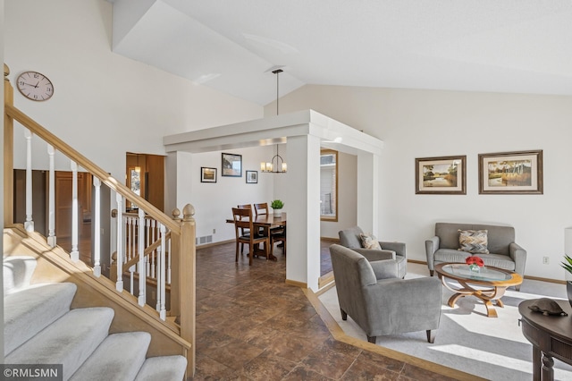 living area featuring visible vents, baseboards, stairway, lofted ceiling, and a notable chandelier