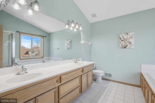 full bath featuring a sink, visible vents, and lofted ceiling