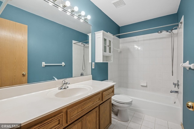 full bath featuring visible vents, toilet, shower / tub combination, tile patterned flooring, and vanity