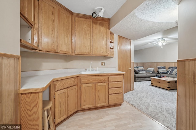 kitchen featuring a ceiling fan, a wainscoted wall, open shelves, a sink, and a textured ceiling