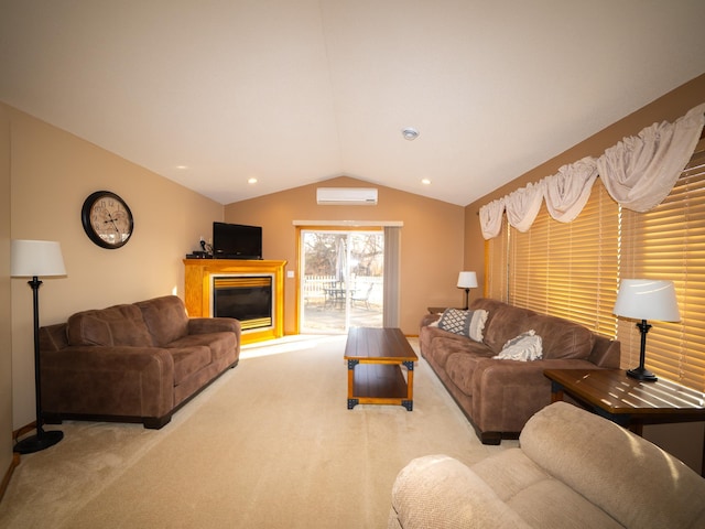 carpeted living area featuring a glass covered fireplace, recessed lighting, a wall unit AC, and vaulted ceiling