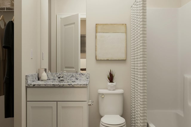 full bathroom with vanity, toilet, and shower / bathtub combination with curtain