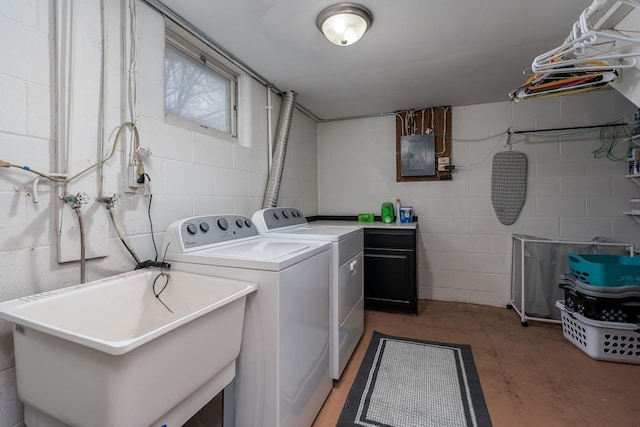 laundry room with laundry area, electric panel, independent washer and dryer, and a sink