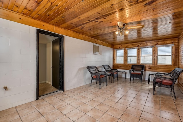 sitting room with wooden ceiling, light tile patterned floors, and ceiling fan