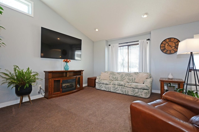 carpeted living area with recessed lighting, a fireplace, baseboards, and vaulted ceiling