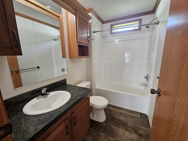 12148 Geneva Way, Apple Valley, MN 55124 - full bath featuring toilet, ornamental molding, bathtub / shower combination, wood finished floors, and vanity