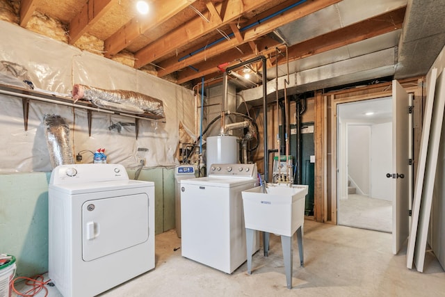 laundry room featuring a sink, laundry area, water heater, and washing machine and clothes dryer