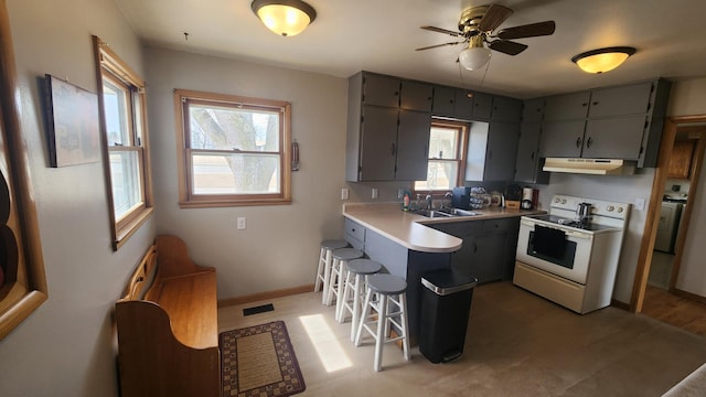 kitchen with a peninsula, a sink, gray cabinetry, under cabinet range hood, and white range with electric stovetop