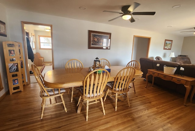 dining area with ceiling fan and light wood-type flooring