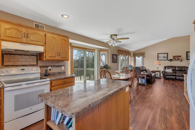 kitchen with visible vents, a ceiling fan, white range with electric cooktop, under cabinet range hood, and vaulted ceiling