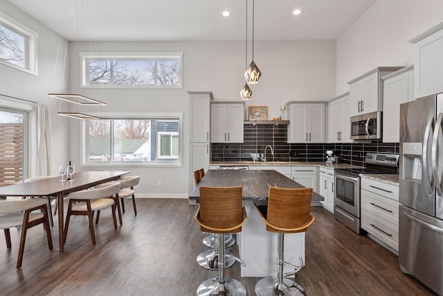 kitchen with tasteful backsplash, stainless steel appliances, a high ceiling, and dark wood-style flooring