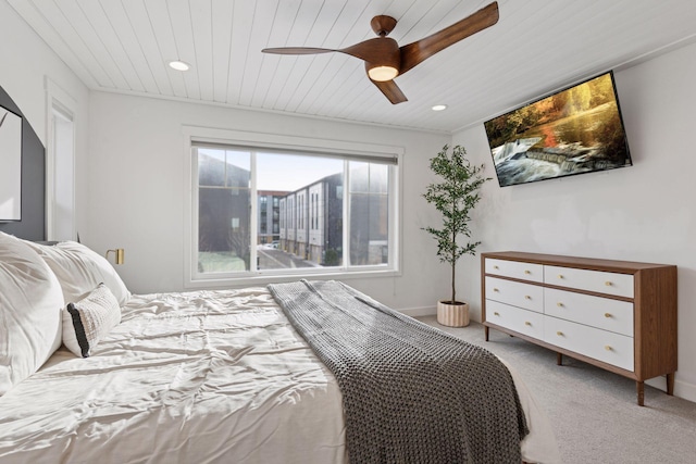 bedroom with recessed lighting, carpet, wooden ceiling, and ceiling fan