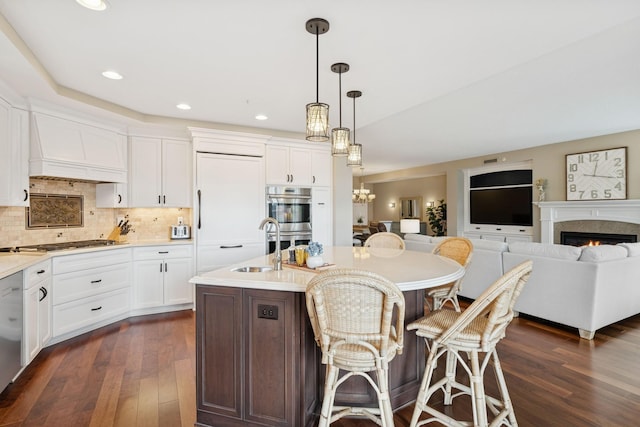 kitchen featuring backsplash, stainless steel appliances, custom exhaust hood, and dark wood-style flooring