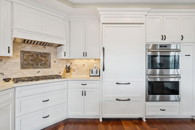 kitchen with light countertops, dark wood-style floors, custom exhaust hood, white cabinets, and stainless steel appliances