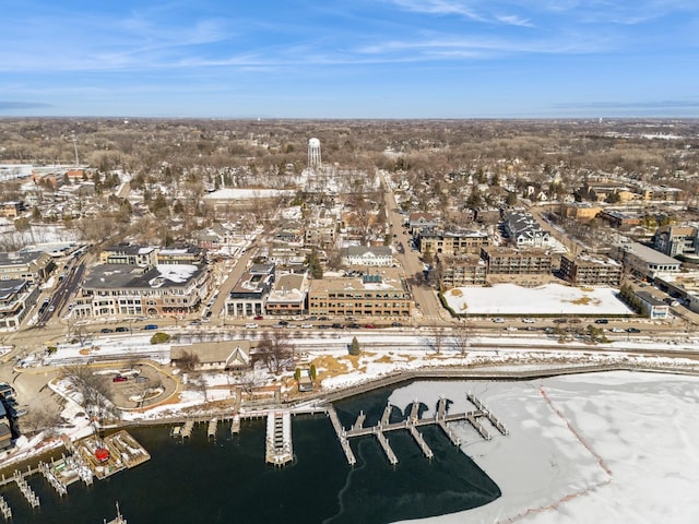 drone / aerial view with a water view