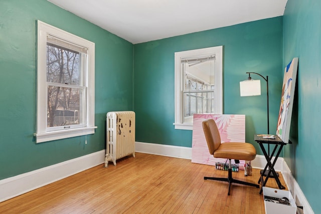 office area featuring baseboards, wood-type flooring, and radiator