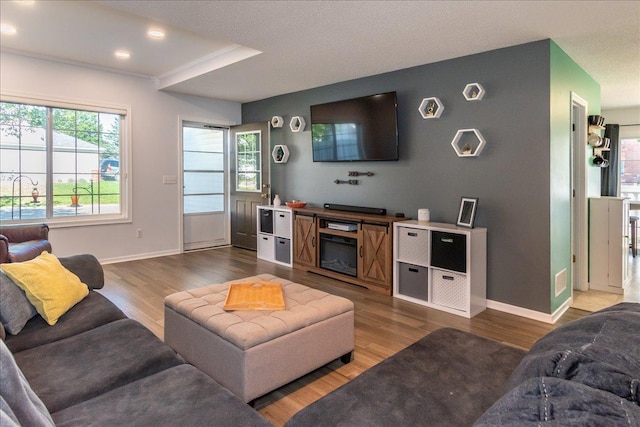 living area featuring recessed lighting, baseboards, and wood finished floors