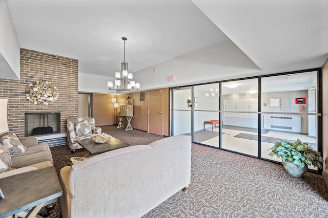 6400 York Ave S Unit 505, Edina, MN 55435 - living room with carpet flooring, floor to ceiling windows, a notable chandelier, and a fireplace