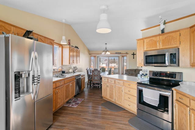 kitchen featuring light brown cabinetry, a sink, dark wood finished floors, appliances with stainless steel finishes, and lofted ceiling