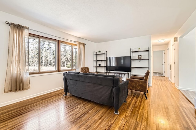living room with baseboards, wood finished floors, and a textured ceiling