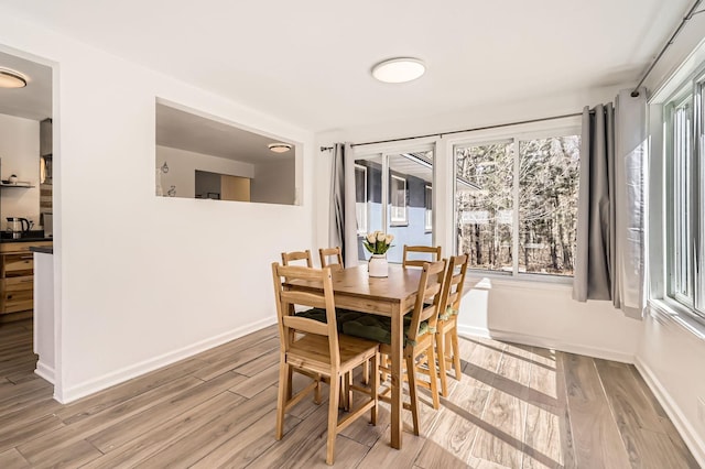 dining space featuring plenty of natural light, baseboards, and wood finished floors