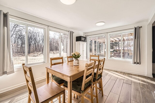 dining space featuring baseboards, light wood-style flooring, and a healthy amount of sunlight