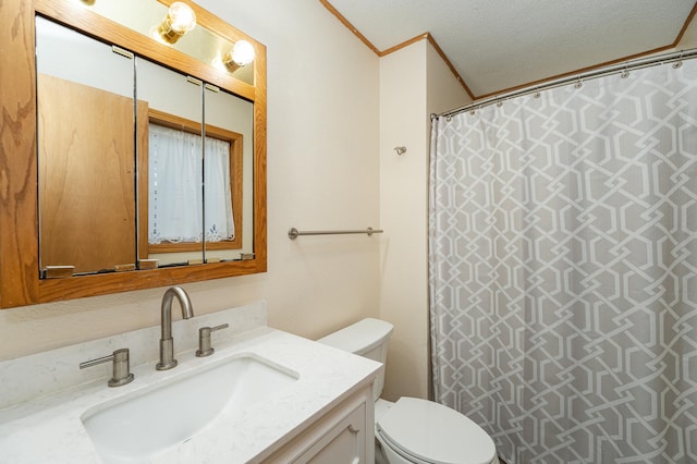 bathroom featuring vanity, a shower with curtain, ornamental molding, a textured ceiling, and toilet