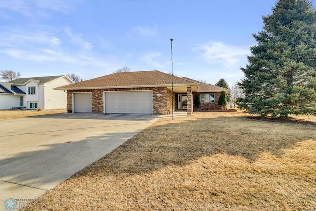 ranch-style house featuring a garage, brick siding, driveway, and a shingled roof