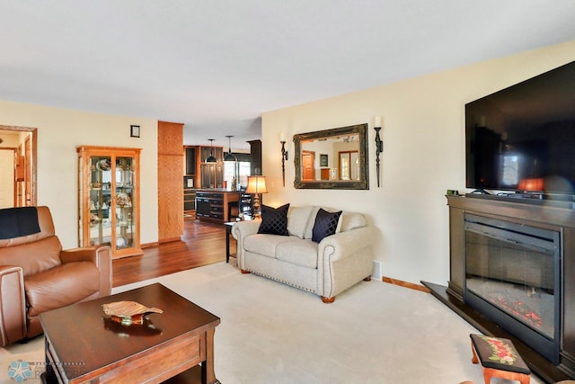 living room featuring wood finished floors and baseboards