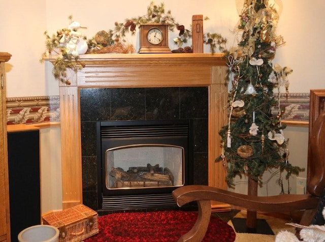 room details with a tiled fireplace