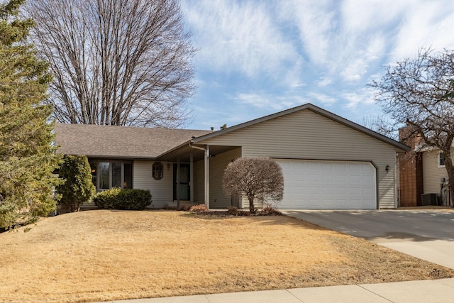 single story home with concrete driveway, a garage, and roof with shingles