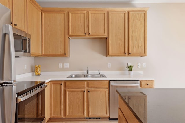 kitchen featuring a sink, light countertops, light brown cabinets, and stainless steel appliances