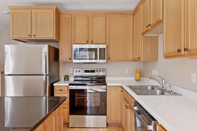 kitchen with a sink, light brown cabinets, and stainless steel appliances