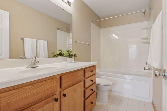 bathroom featuring tile patterned flooring, vanity, toilet, and shower / bath combination