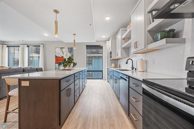 kitchen featuring open shelves, electric range, a sink, stainless steel dishwasher, and exhaust hood